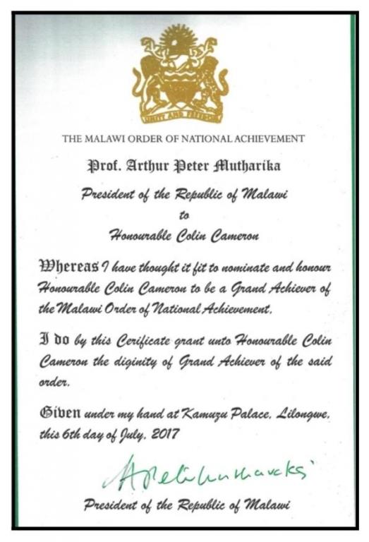 Malawi Order of Achievment Award Doc 2017 to Hon Colin Cameron Grand Achiever.jpg