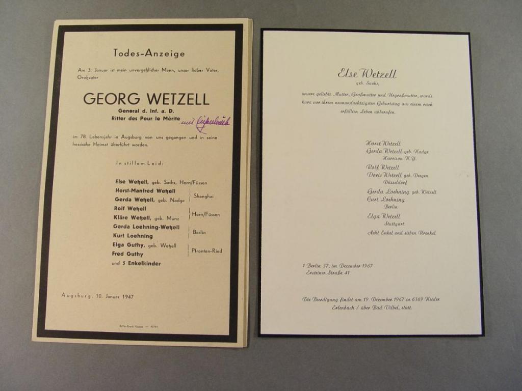 Georg und Else Wetzell, Traueranzeigen 1947 und 1967.JPG