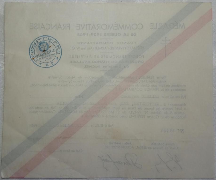France-1939-1945 Commemorative War Medal-Liberation clasp-certificate2.JPG