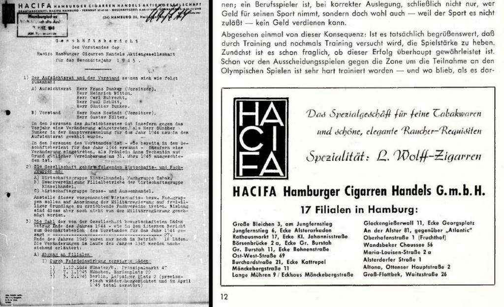 HACIFA Hamburger Cigarren Handels AG, Bericht zum Geschäftsjahr 1945, rechts (nun als GmbH) Werbung 1965.jpg