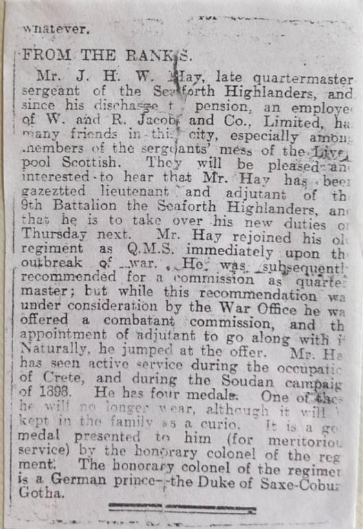 1914 news report JHWHay rejoins Seaforth Highlanders.jpg